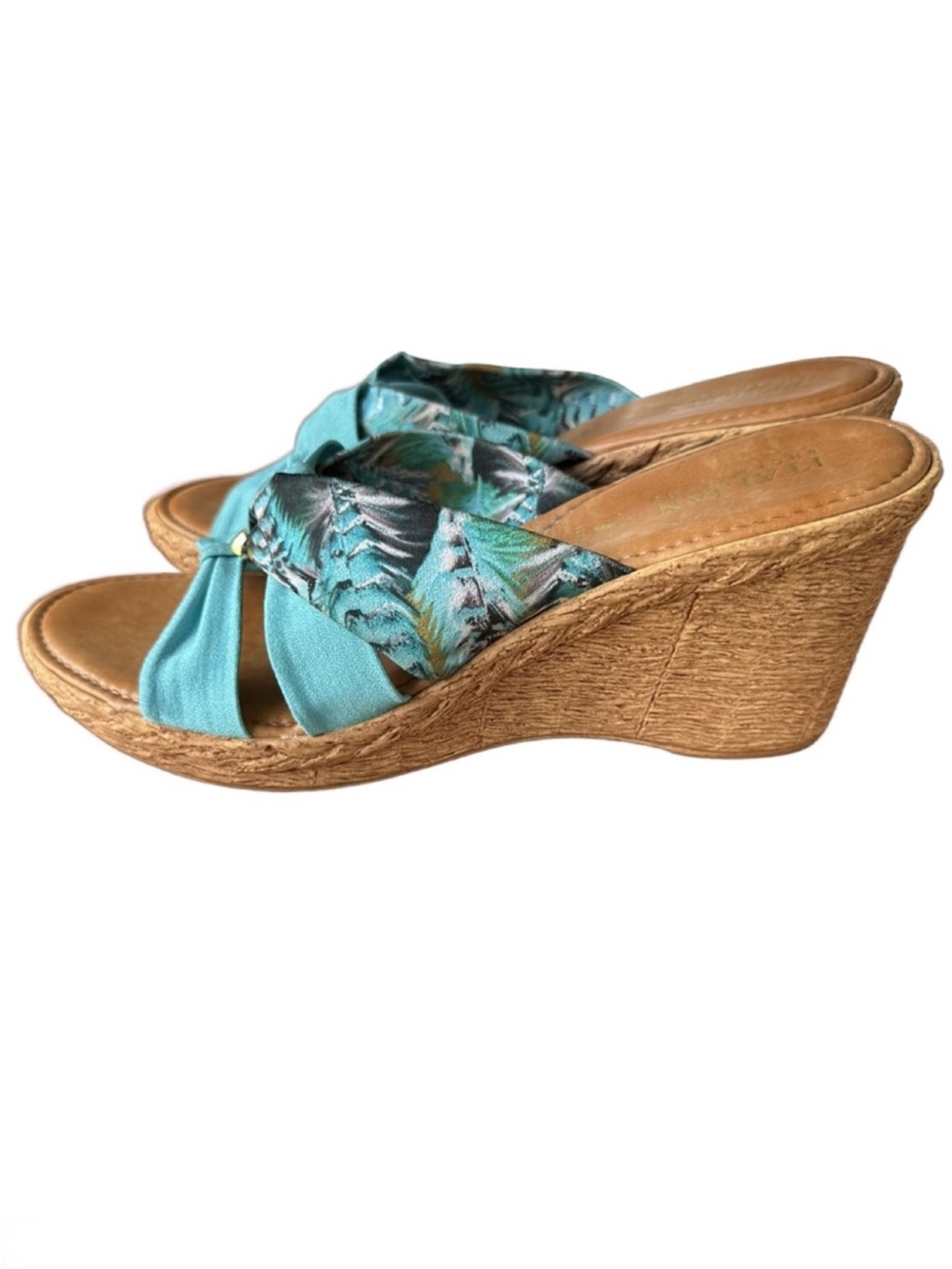 Turquoise Wedge Sandals with Tropical Print